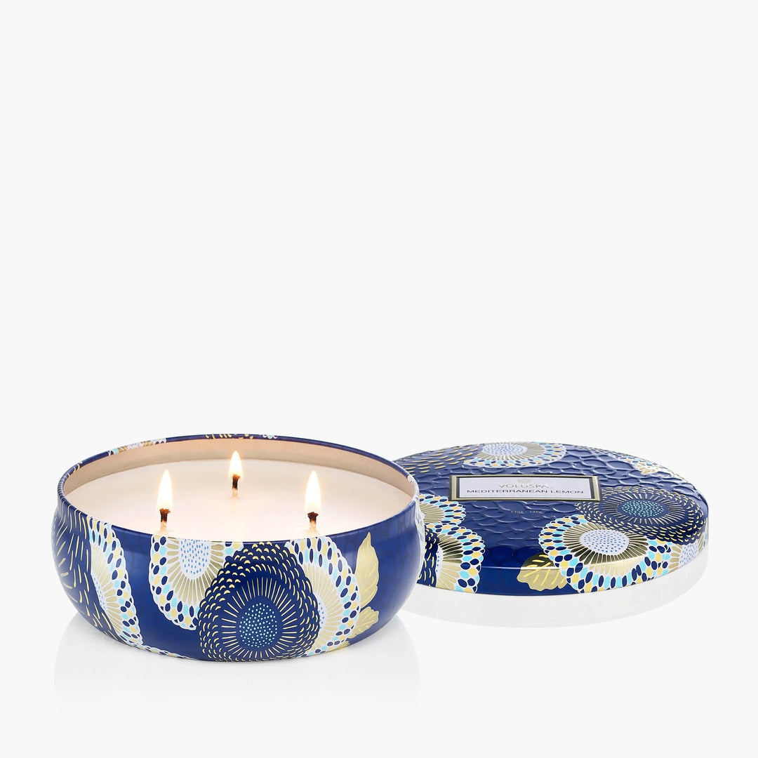 3-wick Tin Candle Mediterranean Lemon Blå