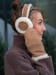 W Sheepskin Embroidery Earmuff Brun