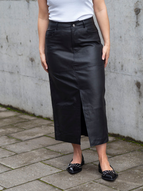 Mina Leather Long Skirt Sort