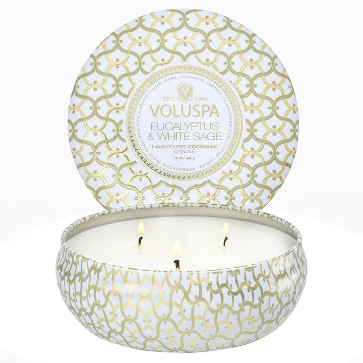 3 Wick Tin Candle Eucalyptus &amp; White Hvit