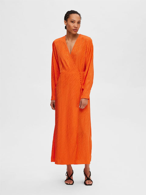 Fabienne LS Satin Ankle Wrap Dress Oransje