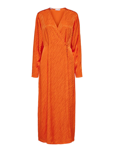 Fabienne LS Satin Ankle Wrap Dress Oransje